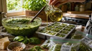 freezing basil pesto in ice-cube trays freezing basil pesto in ice-cube trays