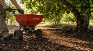 spreading granular fertilizer under the canopy spreading granular fertilizer under the canopy