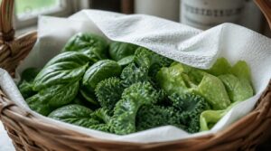 leafy greens layered with paper towels leafy greens layered with paper towels